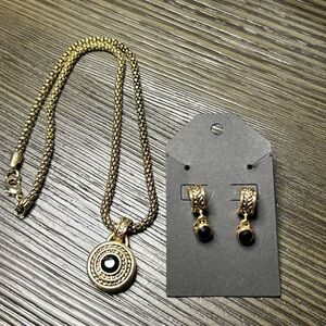 Gold  Black Stone Pendant & Earrings Set